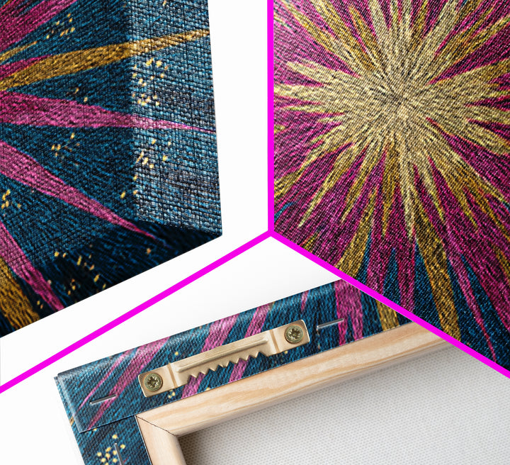 Teal Pink Gold Radiating Star Lines Framed Canvas Print, Modern Abstract Wall Art, Colorful Mid Century Modern MCM Decor Poster