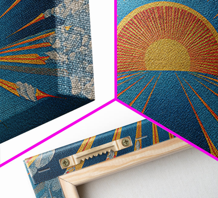 Embroidered Sunburst Canvas Print, Mid Century Modern Wall Art, Retro Sun Poster, Teal Orange Textile Style Home Decor Print