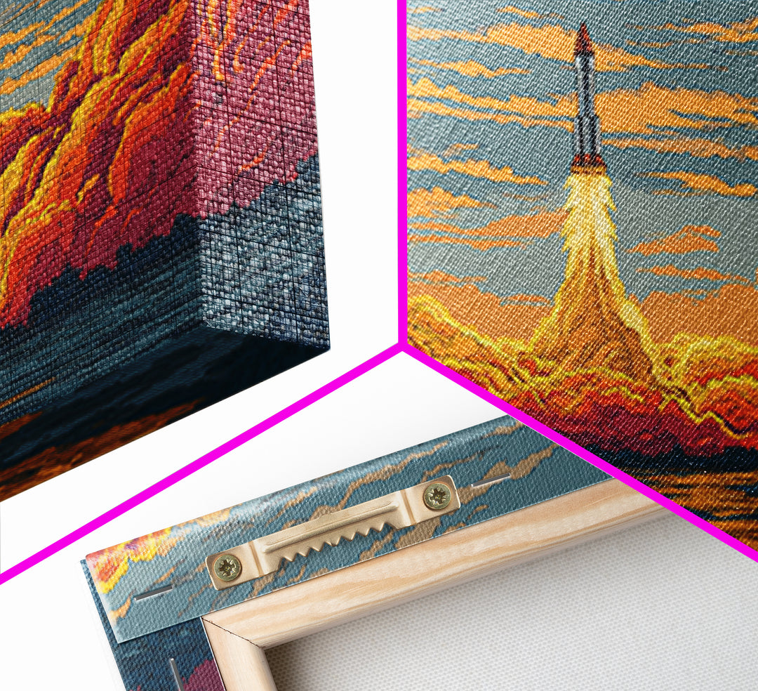 Rocket Launch Clouds Canvas Print, Retro Sci Fi Wall Art, Mid Century Modern Poster, Orange Blue Landscape Decor, Space Art Print