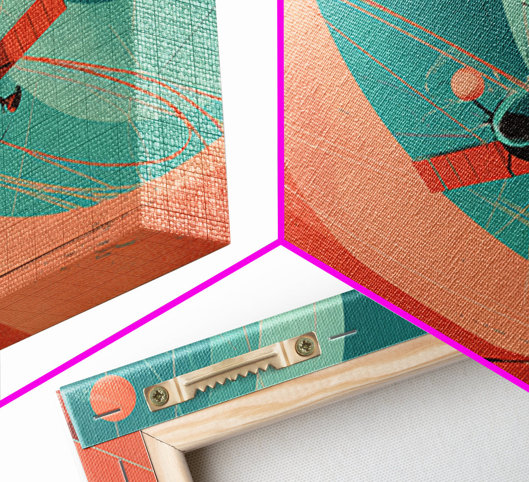 Abstract Satellite Orbit With Coral Teal Planets, Canvas Print, Midcentury Modern Wall Art, Geometric Space Poster Decor