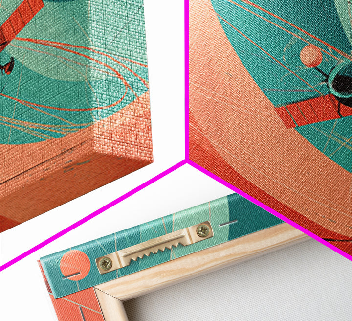 Abstract Satellite Orbit With Coral Teal Planets, Canvas Print, Midcentury Modern Wall Art, Geometric Space Poster Decor