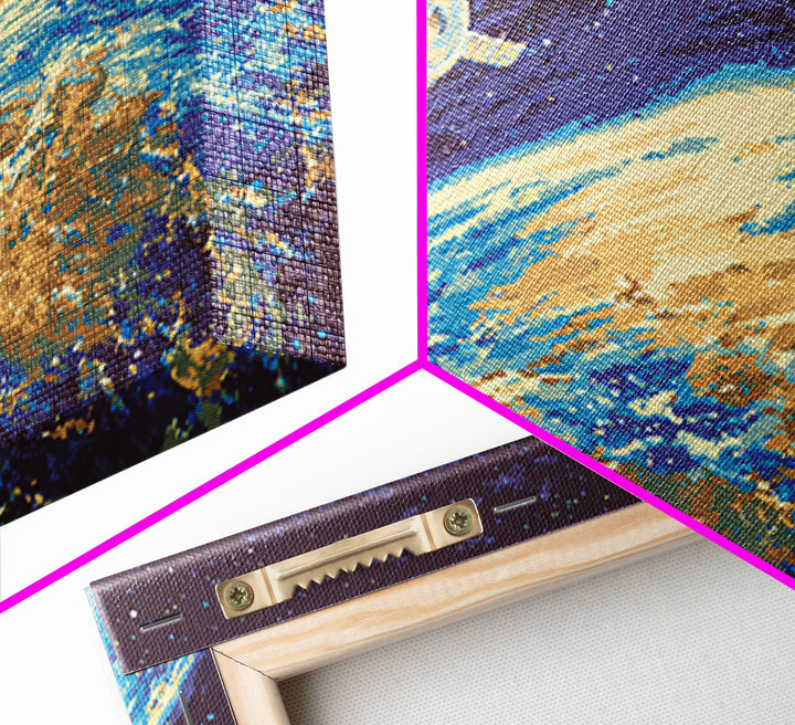 Satellite Over Earth With Stars, Midcentury Modern Wall Art, Retro Sci Fi Space Poster, Blue Canvas Print For Office Decor