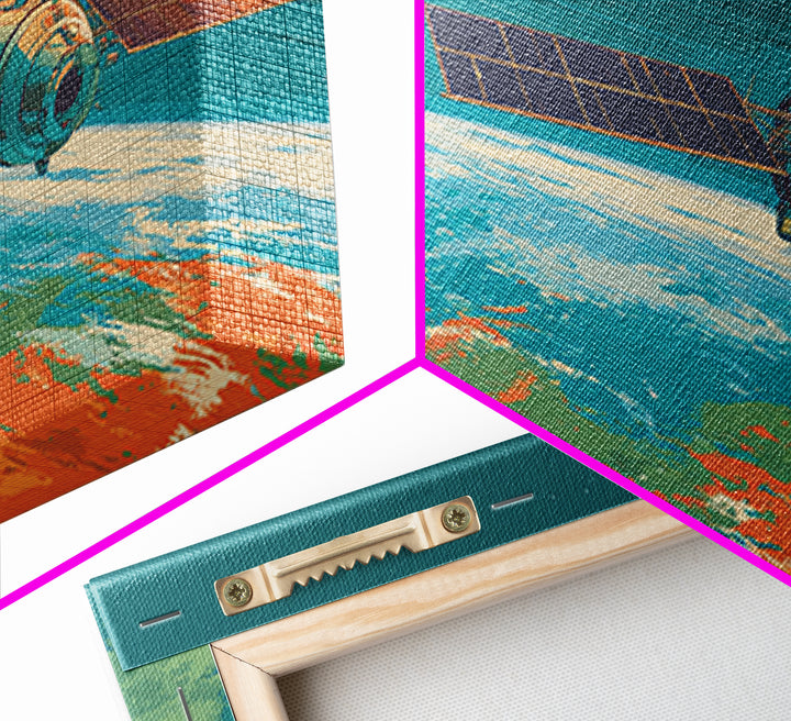 Teal Satellite Above Earth Horizon, Canvas Print, Midcentury Modern Wall Art, Retro Space Poster, Modern Home Office Decor