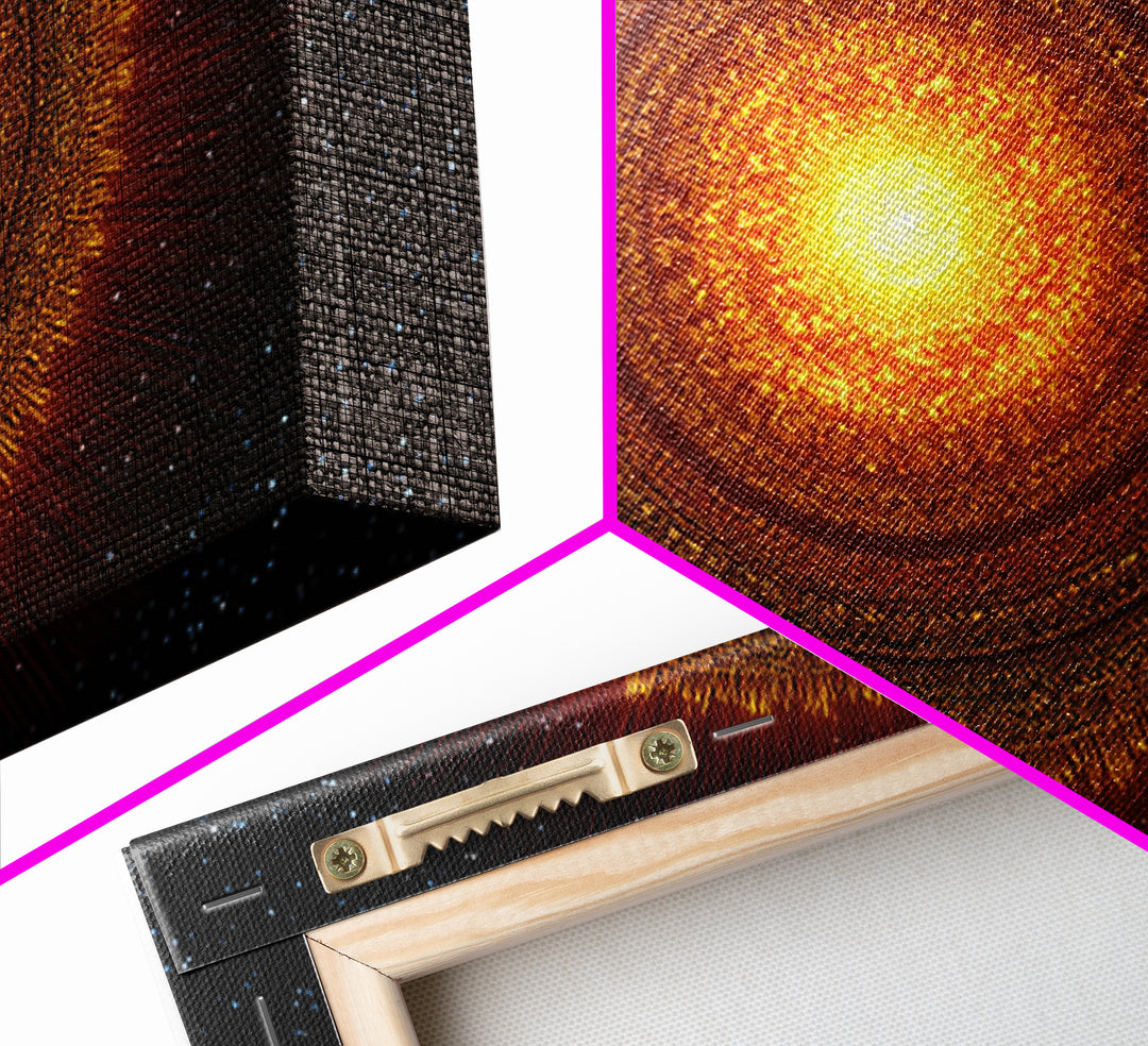 Radiant Orange Sun Star Mandala In Space, Midcentury Modern Wall Art, Cosmic Abstract Canvas Print, Spiritual Decor For Living Room