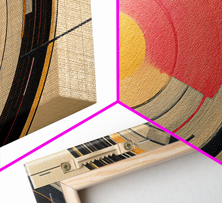 Coral And Gold Vinyl Circles Framed Canvas Print, Mid Century Modern Wall Decor, Abstract Record Art, Bold MCM Home Art Poster