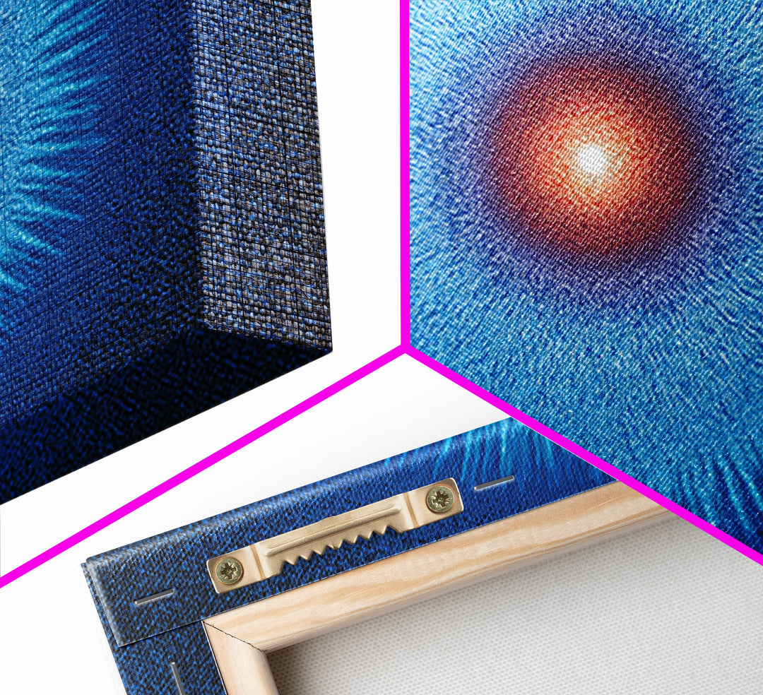 Electric Blue Cosmic Sun Burst, Abstract Wall Art, Midcentury Modern Canvas Print, Space Poster For Modern Home Office Decor