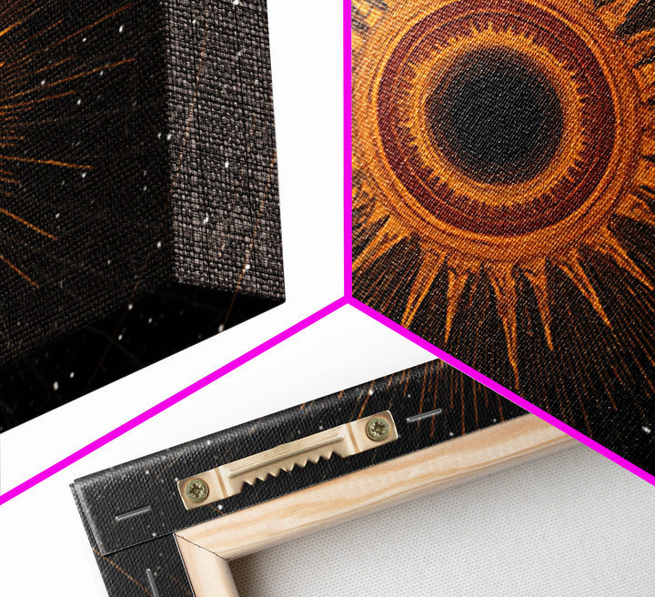 Orange Eclipse Starburst In Black Space Wall Art, Midcentury Modern Art Print, Atomic Retro Decor, Cosmic Abstract Poster