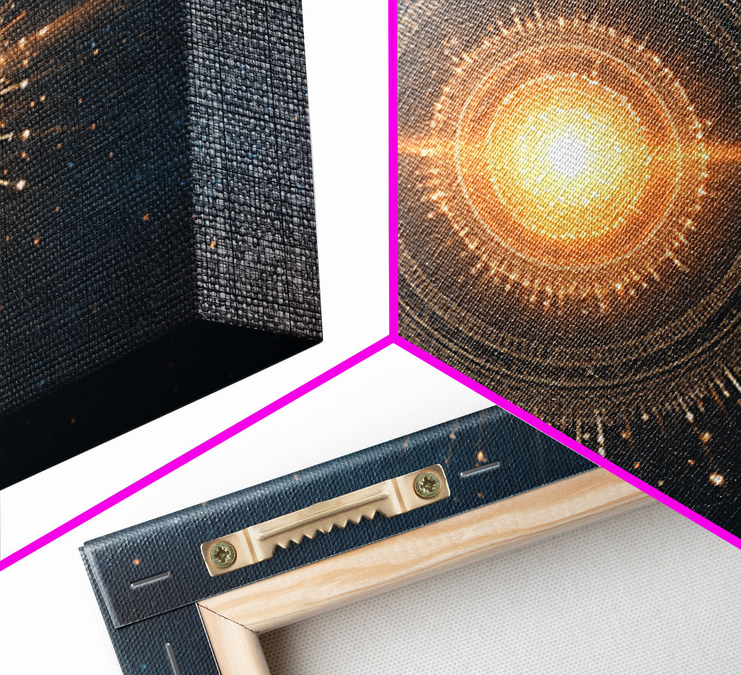 Glowing Golden Sun Mandala In Deep Space Canvas Print, Modern Abstract Art, Celestial Wall Decor, Midcentury Cosmic Poster