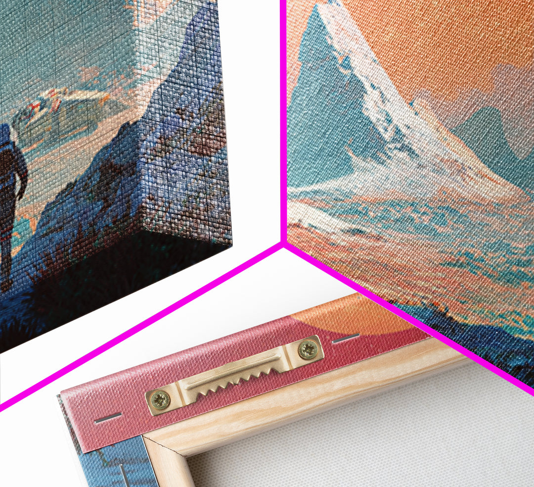 Pastel Astronaut Alien Planet Mountain Framed Canvas Print, Modern Sci Fi Wall Art, Pink Blue Landscape, Retro Space Decor
