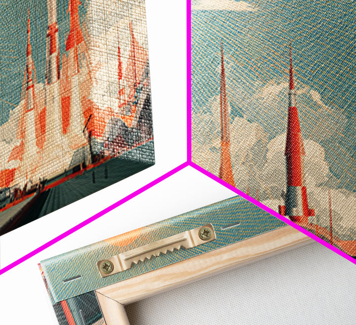 Retro Rocket City Launch With Orange Sun Wall Art, Midcentury Modern Space Poster, Atomic Architecture Decor, Teal Print