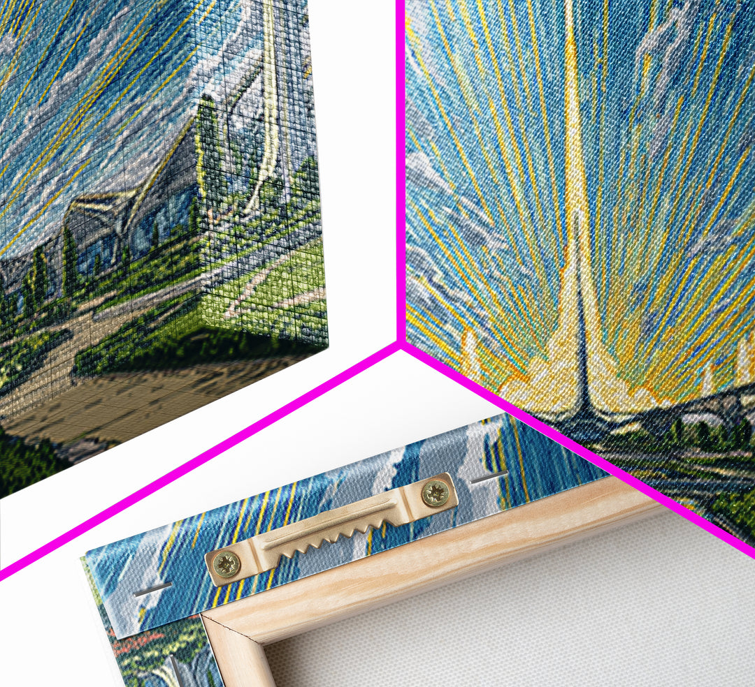 Futuristic Rocket Skyline At Sunrise Framed Canvas Print, Midcentury Modern Wall Art, Atomic City Poster, Blue Yellow Decor
