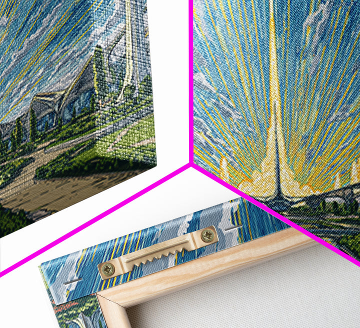 Futuristic Rocket Skyline At Sunrise Framed Canvas Print, Midcentury Modern Wall Art, Atomic City Poster, Blue Yellow Decor