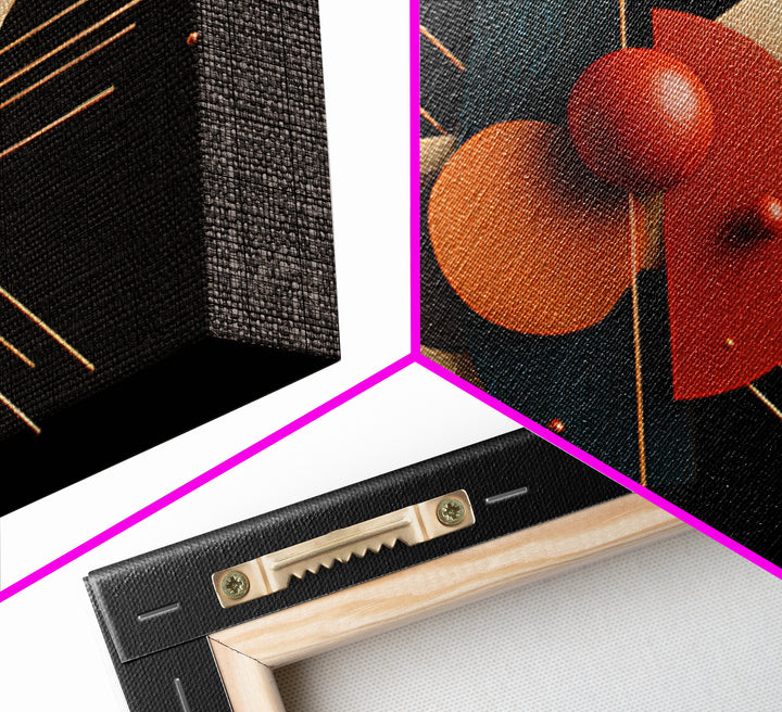 Atomic Sphere Sculpture Wall Art, Black Orange Geometric Canvas Print, Midcentury Modern Abstract Large Retro MCM Office Decor