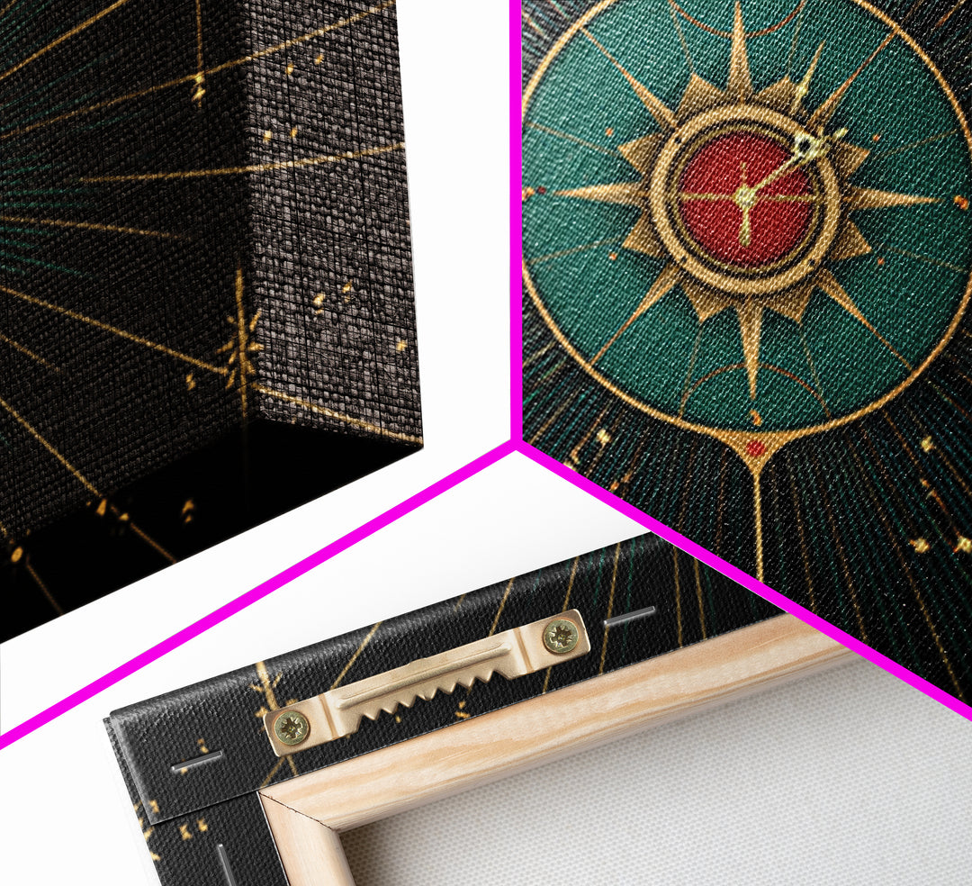 Celestial Teal Compass Clock Framed Canvas Print, Mid Century Modern Wall Decor, Atomic Starburst Art, Retro MCM Poster Print