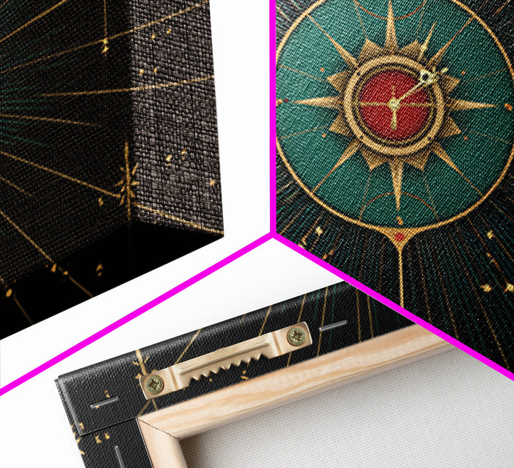 Celestial Teal Compass Clock Framed Canvas Print, Mid Century Modern Wall Decor, Atomic Starburst Art, Retro MCM Poster Print