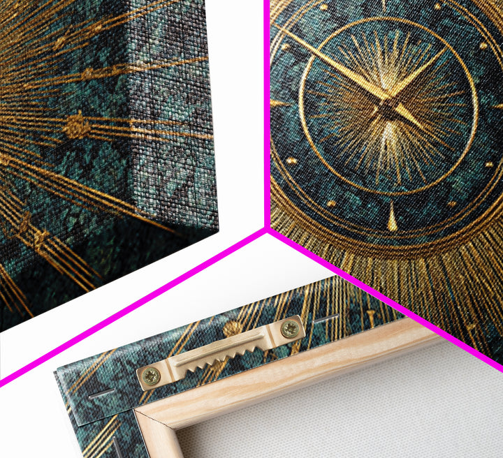 Ornate Gold Starburst Clock On Blue Wall Art, Mid Century Modern Decor, Atomic Art Deco Poster, Elegant MCM Art Print, Home Decor