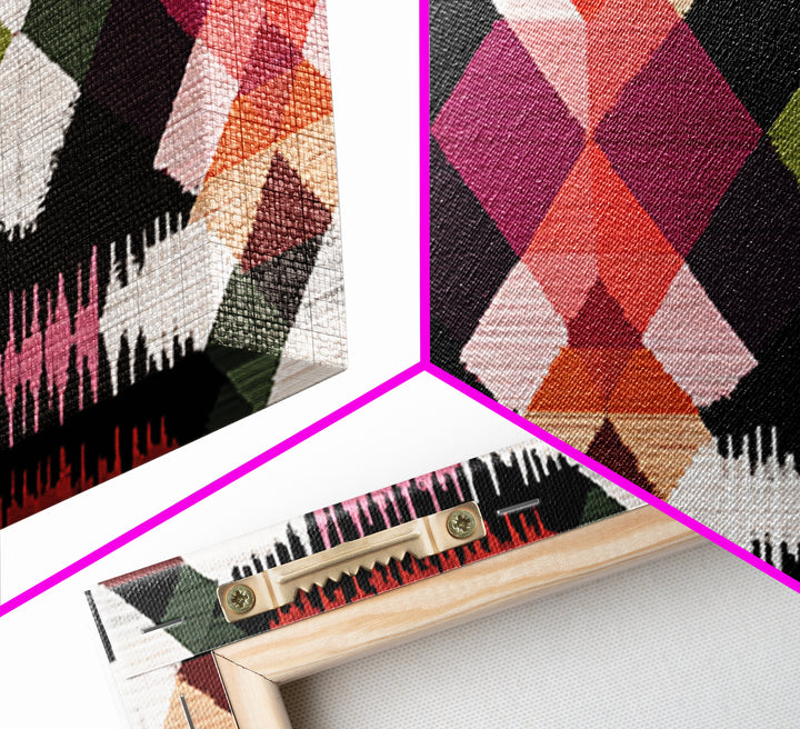 Colorful Diamond Ikat Pattern Framed Canvas Print, Retro Geometric Wall Art, Boho Mid Century Decor, Bold Abstract Poster