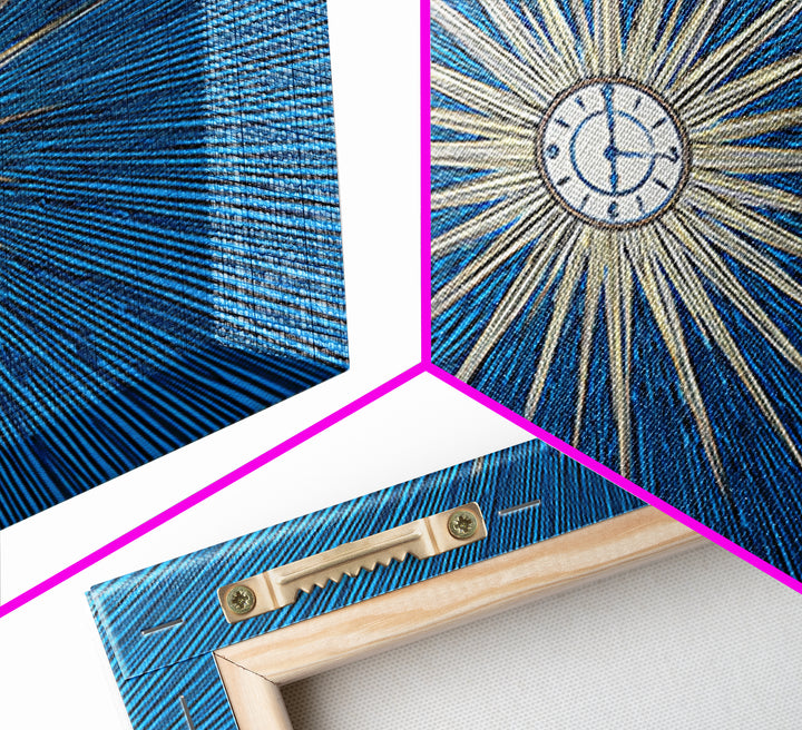 Blue White Radial Starburst Clock Canvas Print, Mid Century Modern Wall Decor, Atomic Retro Art Print, MCM Home Office Decor