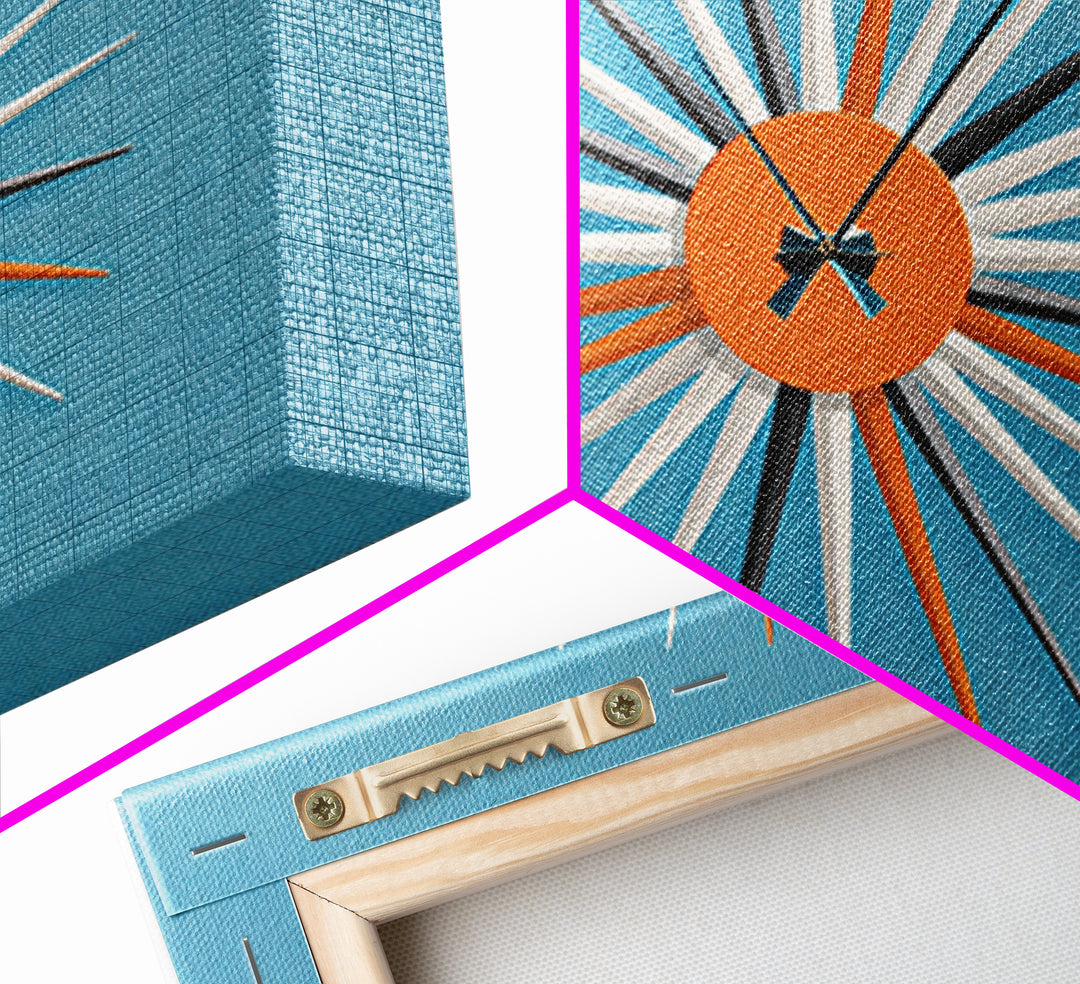 Orange Sunburst Clock On Blue Wall Art, Midcentury Modern Art, Atomic Starburst Print, Retro Wall Decor For Living Room Art