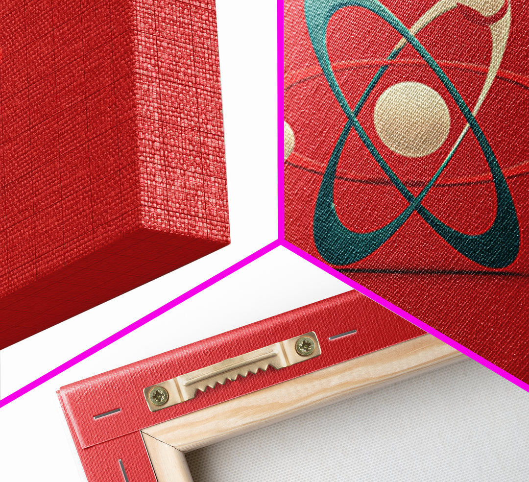 Minimal 3D Atom Sculpture On Red Canvas Print, Midcentury Modern Art, Retro Science Poster, Modern Wall Decor Gift For Him