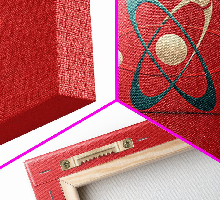 Minimal 3D Atom Sculpture On Red Canvas Print, Midcentury Modern Art, Retro Science Poster, Modern Wall Decor Gift For Him