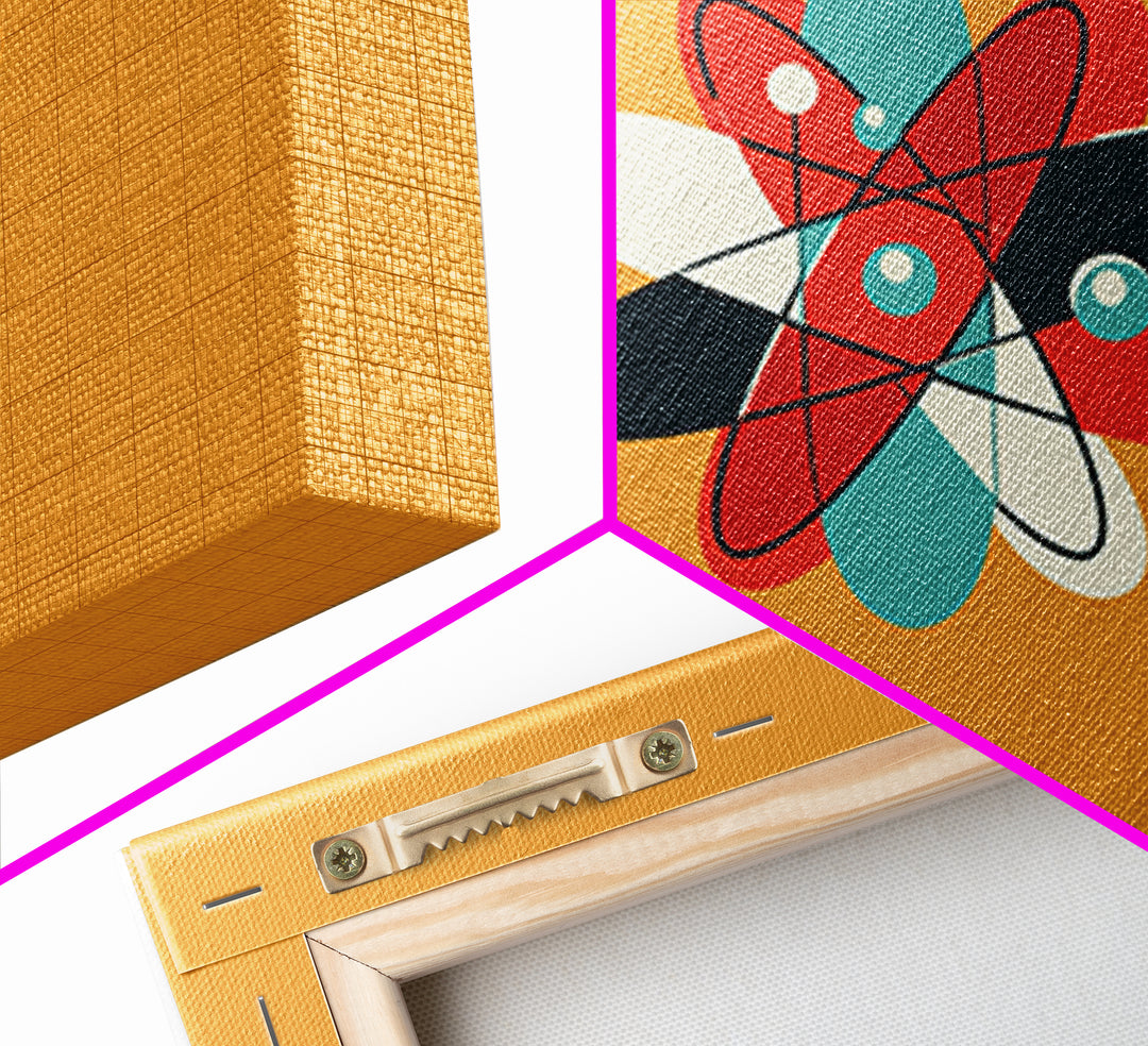 Flat Atomic Flower On Mustard Wall Art, Midcentury Modern Art, Geometric Poster, Retro Wall Decor For Kids Room And Nursery