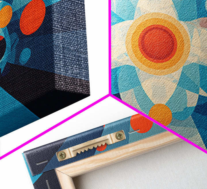 Geometric Atomic Burst With Circles Wall Art, Midcentury Modern Art, Blue Orange Abstract Poster, Statement Wall Decor Art