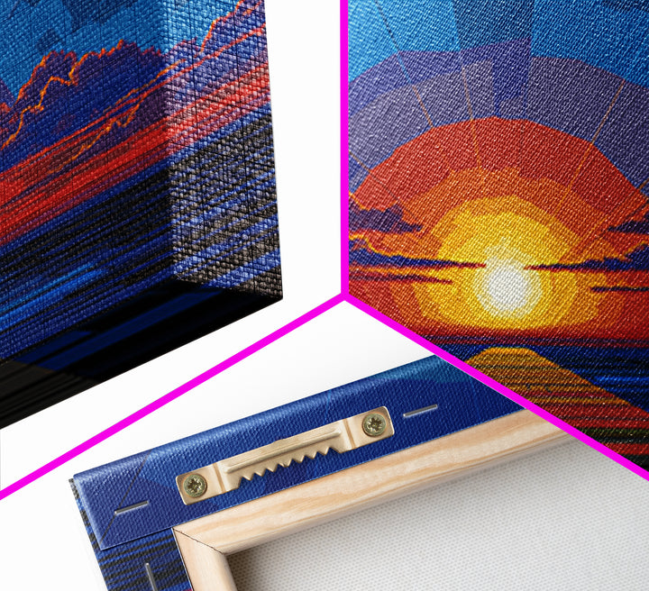 Bold Blue Sunset Pier Canvas Print, Retro Modern Wall Art, Midcentury Ocean Poster, Graphic Living Room Wall Decor, Large Art Print