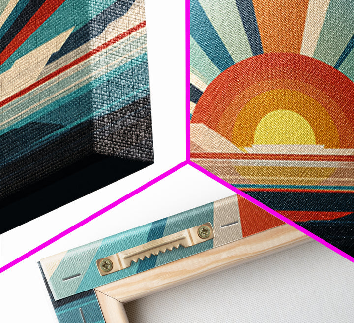 Retro Radial Sunrise Ocean Framed Canvas Print, Midcentury Modern Wall Art, Teal Orange Poster, Atomic MCM Decor, Living Room Art