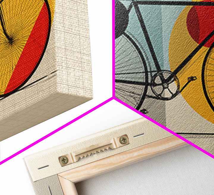 Minimalist Bicycle Framed Canvas Print, Midcentury Modern Wall Art, Orange Yellow Circle Decor, Geometric Bike Poster Gift
