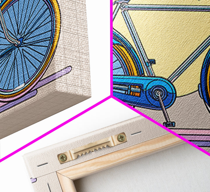 Blue Cruiser Bicycle Canvas Print, Midcentury Modern Wall Art, Retro Bike Poster, Yellow Sun Decor For Home Office Decor Gift