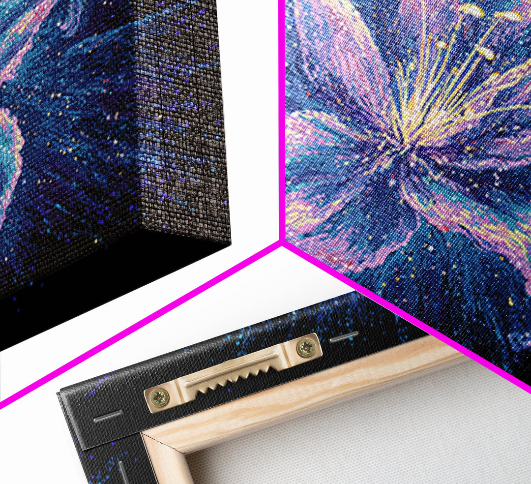 Electric Purple Lily Canvas Print, Glowing Botanical Flower, Cosmic Floral Wall Decor, Modern Abstract Art For Bedroom Decor