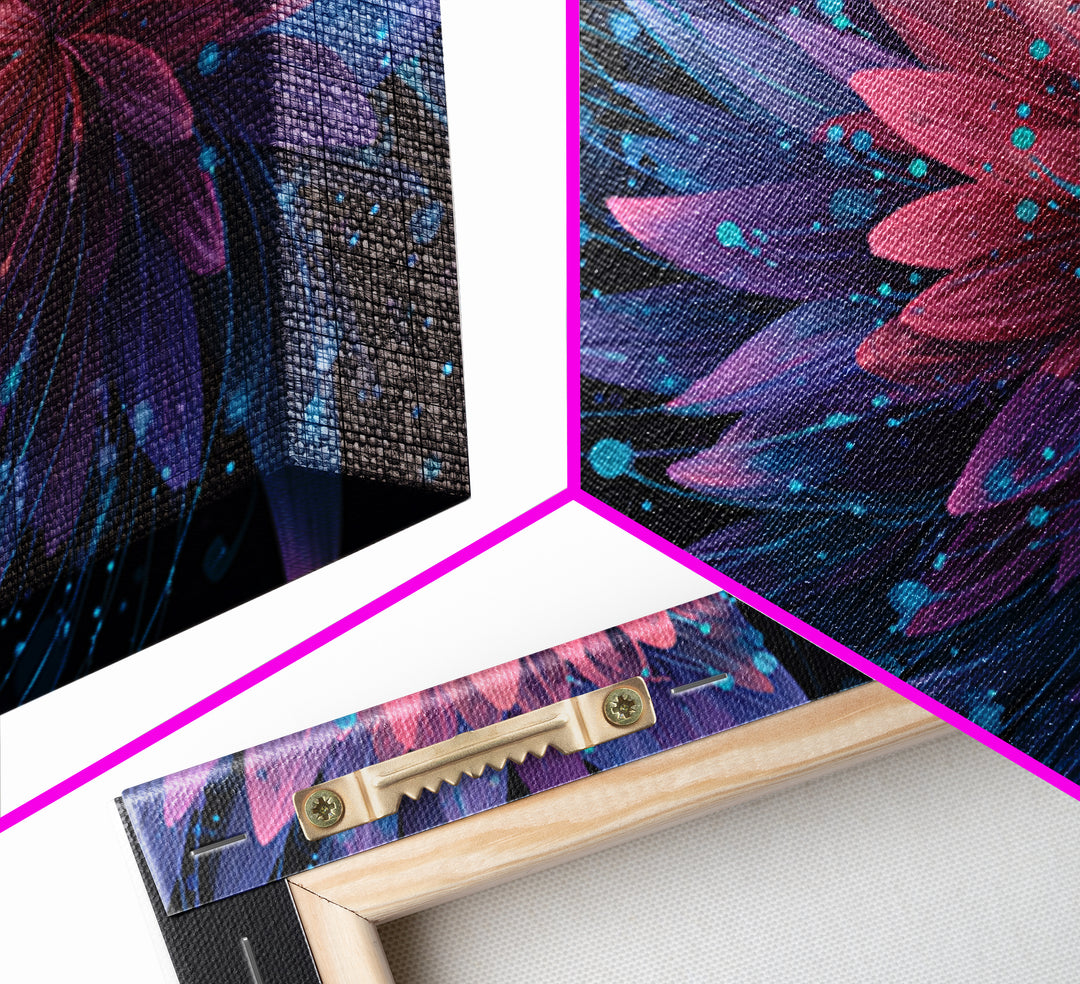 Magenta Purple Dahlia Wall Art, Electric Floral Abstract, Blue Splatter Botanical Poster, Modern Home Decor Canvas Print