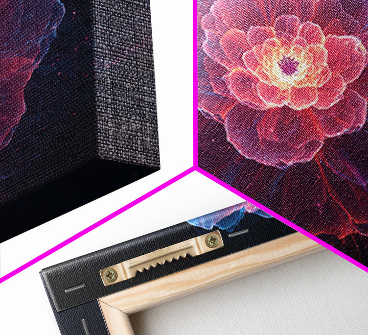 Glowing Pink Peony Canvas Print, Luminous Blue Floral Mandala, Modern Abstract Botanical Wall Art, Romantic Bedroom Decor
