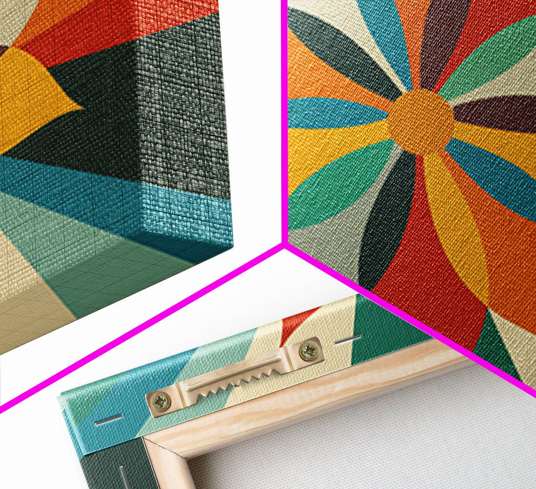 Geometric Orange Teal Flower Wall Art, Mid Century Modern Sunburst, Retro Atomic Floral Poster, Bold MCM Canvas Print Decor