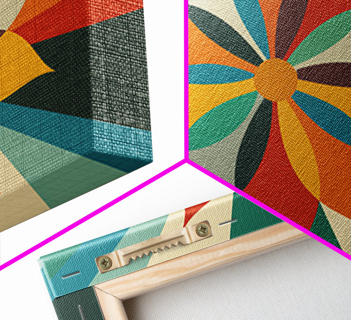 Geometric Orange Teal Flower Wall Art, Mid Century Modern Sunburst, Retro Atomic Floral Poster, Bold MCM Canvas Print Decor
