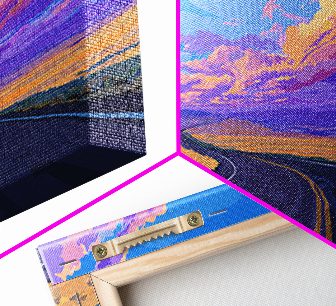 Purple Sunset Open Road Wall Art, Colorful Desert Landscape, Modern Art Print, Retro Poster, Living Room Home Office Decor