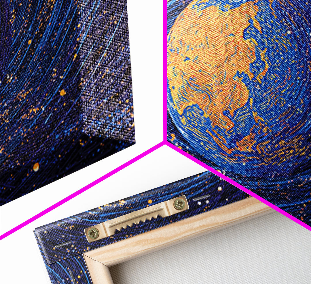 Swirling Blue Orange Planet Wall Art, Cosmic Abstract Space Poster, Modern Digital Art Print, Galaxy Decor, Science Gift