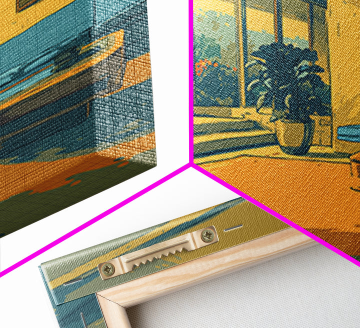 Sunlit Yellow And Teal Lounge With Plants Canvas Print, Midcentury Modern Wall Art, Retro Interior Decor For Living Room