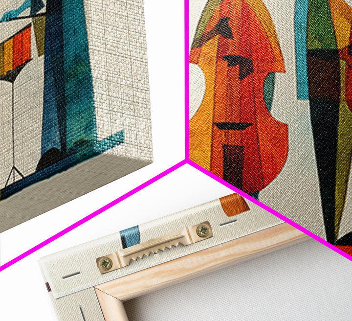 Minimalist Woodcut Jazz Band With Bass And Drums Framed Canvas Print, Midcentury Modern Wall Art, Scandinavian MCM Decor