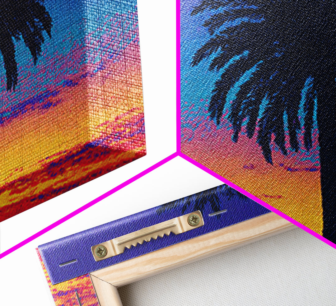 Palm Tree Silhouette At Purple Orange Sunset Wall Art, Retro Tropical Poster, Midcentury Modern Coastal Home Decor, Palm Springs