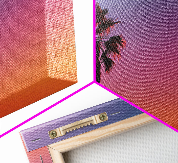 Palm Tree Sunset Silhouette Wall Art, Pink Orange Tropical Canvas Print, Retro Coastal Decor, California Art Print, Living Room Decor