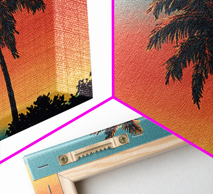Textured Palm Sunset Wall Art, Retro Tropical Canvas Print, Midcentury Modern Decor, California Poster, Coastal Home Decor