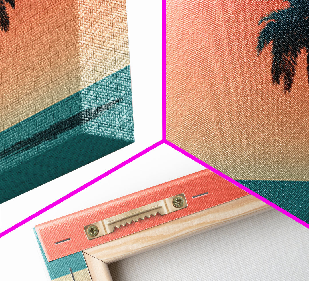 Minimal Palm Tree Shadow Wall Art, Modern Tropical Canvas Print, Teal Orange Sunset Decor, Palm Springs Home Art, Retro Wall Decor