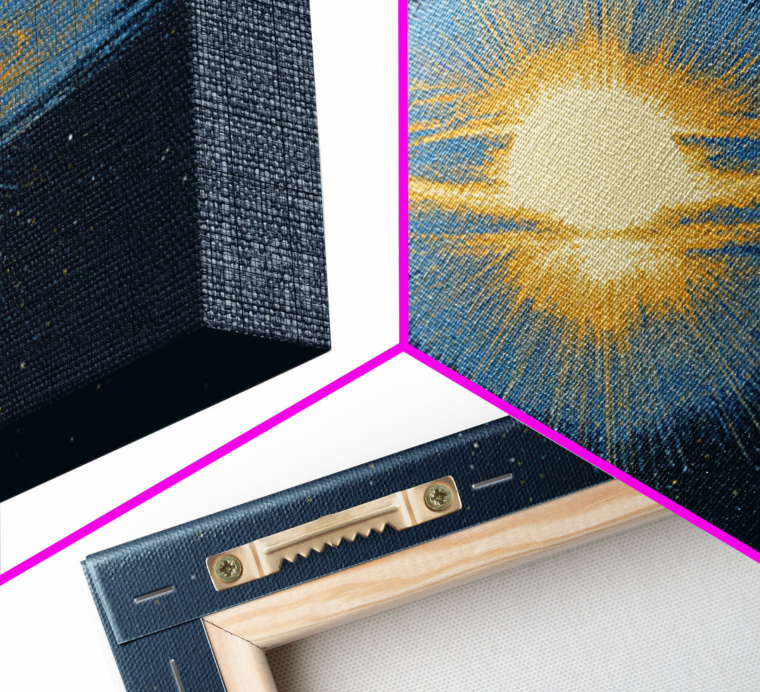 Glowing Galaxy Ring Wall Art, Cosmic Abstract Canvas Print, Space Poster, Modern Digital Art, Blue Gold Star Decor, Sci Fi Wall Art