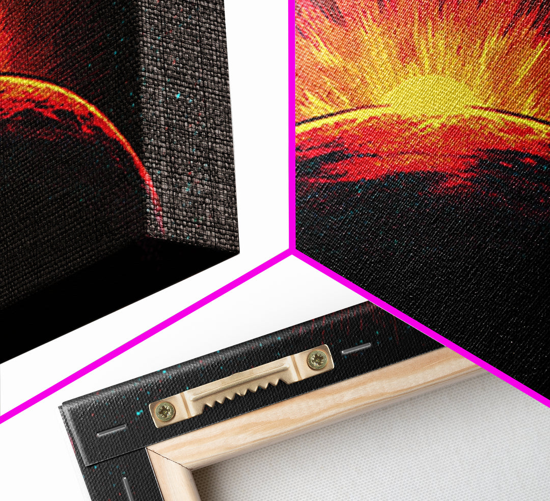 Fiery Red Planet Sunrise Wall Art, Retro Sci Fi Canvas Print, Cosmic Space Poster, Orange Black Modern Home Decor, Art Print