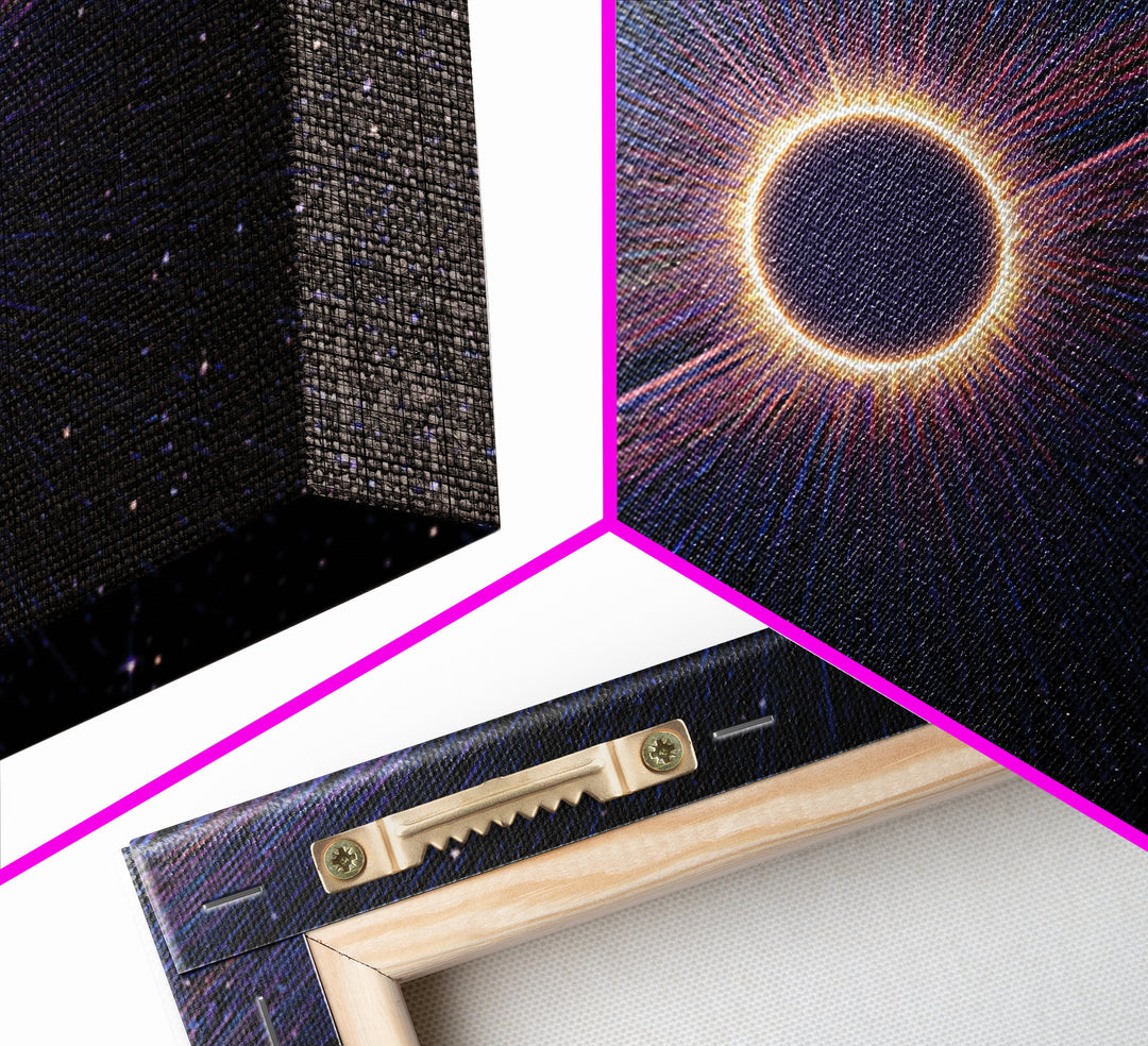 Radiant Solar Eclipse Wall Art, Cosmic Starburst Canvas Print, Space Abstract Poster, Modern Sci Fi Galaxy Decor, Blue Wall Art