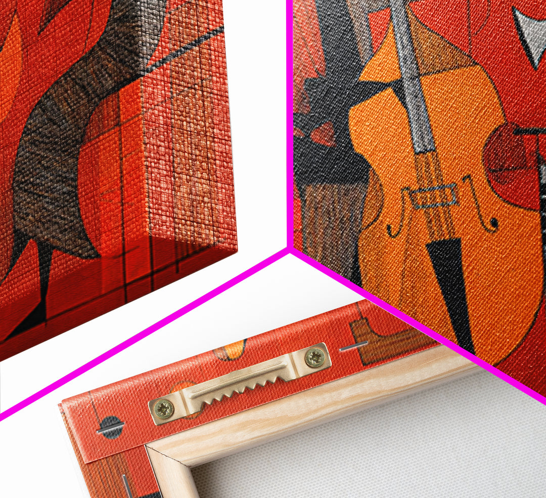 Orange Cubist Jazz Trio With Piano Bass And Trumpet Wall Art, Midcentury Modern Art Print, Atomic Music Room Retro Decor