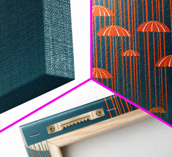 Orange Umbrella Rainfall Canvas Print, Teal Sky Cloudscape Wall Decor, Midcentury Modern Art, Retro Graphic Poster For Living Room