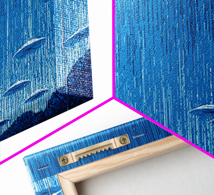 Blue Monsoon Umbrella Rain Wall Art, White Parasol Storm Scene, Modern Abstract Art Print, Coastal Bedroom Wall Decor Poster